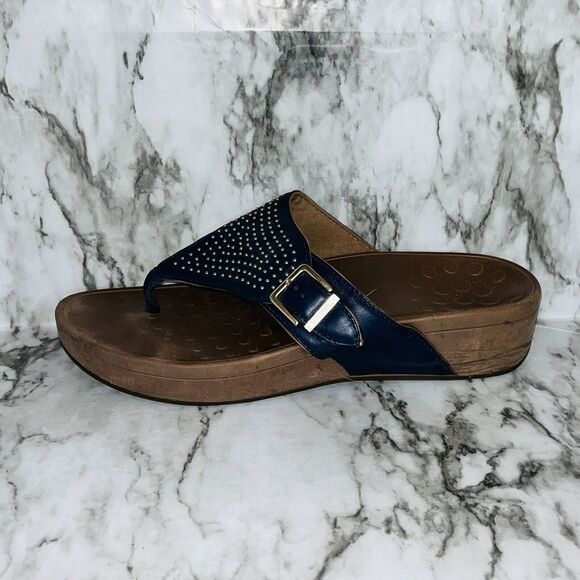 Vionic Flip Flop Capitola Thong Wedge Sandals Buckle Studded Navy Women 9 Summer - Picture 5 of 9